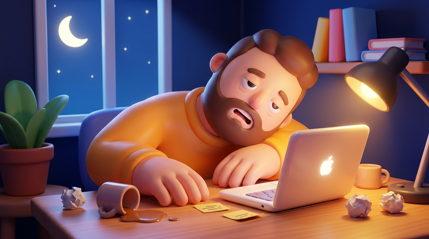 Уставший 3D-эмоджи персонаж за столом ночью